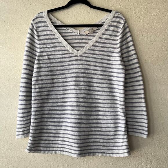 Loft Womens Stripped Blouse 3/4 Sleeve Sweatshirt V Neck Pullover Blouse Size M - Picture 1 of 6